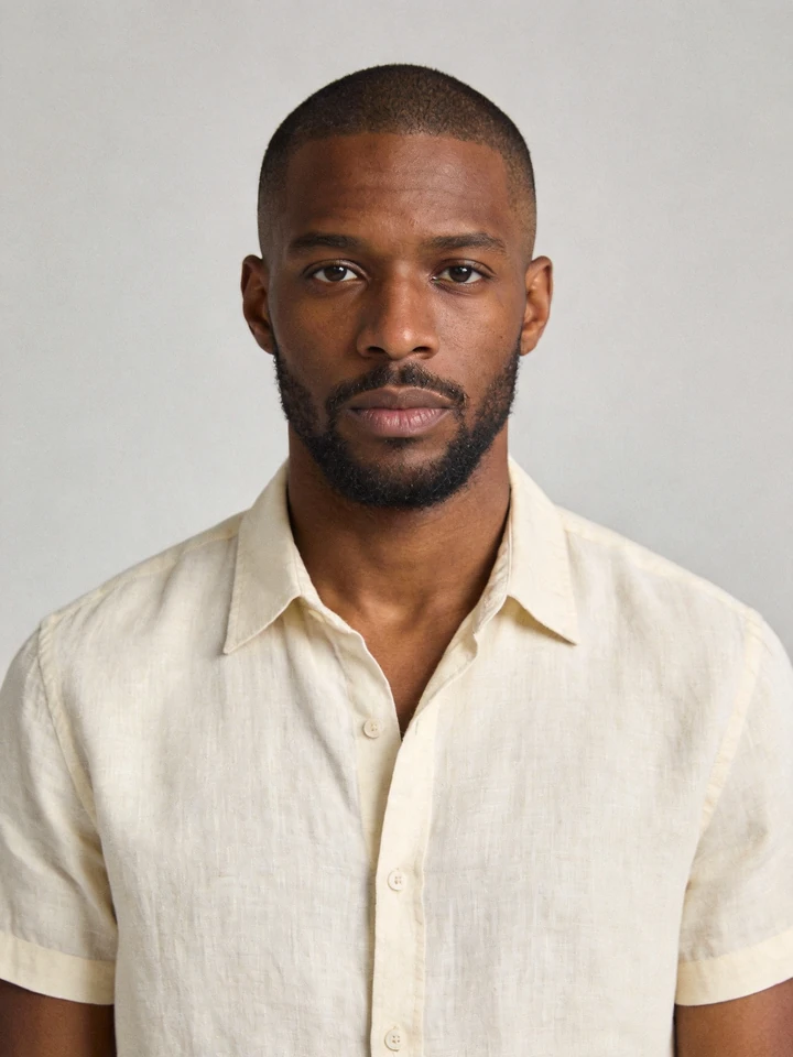 Input photo 2: a bearded man in a cream shirt