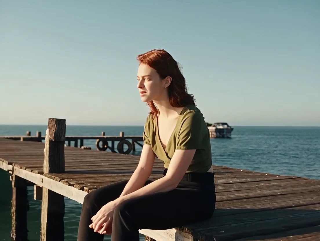 A red-haired woman in an olive top waits on a wooden pier