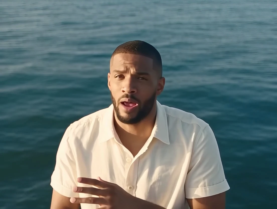 A bearded man in a cream shirt sings by the sea