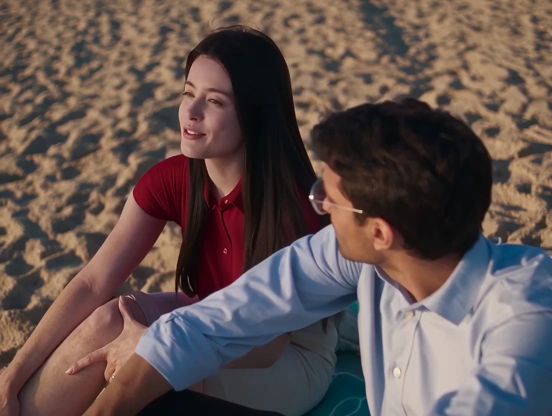 The two of them talk and laugh on the sand