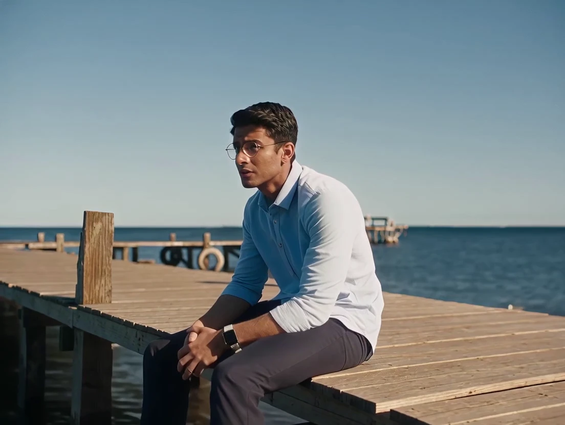 A man in a light blue shirt waits on a sunny wooden pier