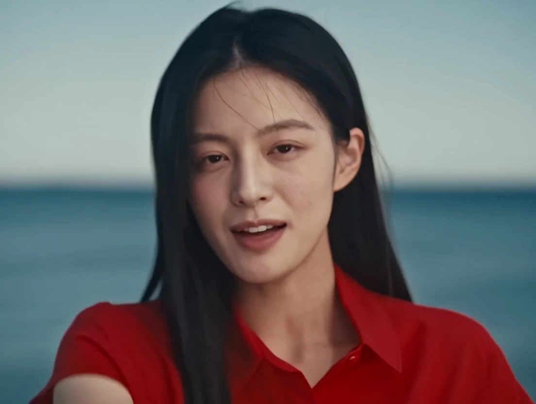 Close-up of the singer in red