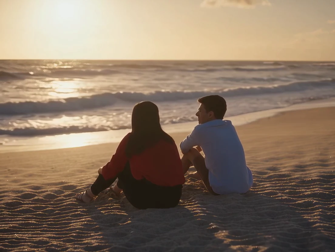 The two of them sit on the beach at sunset, seen from behind