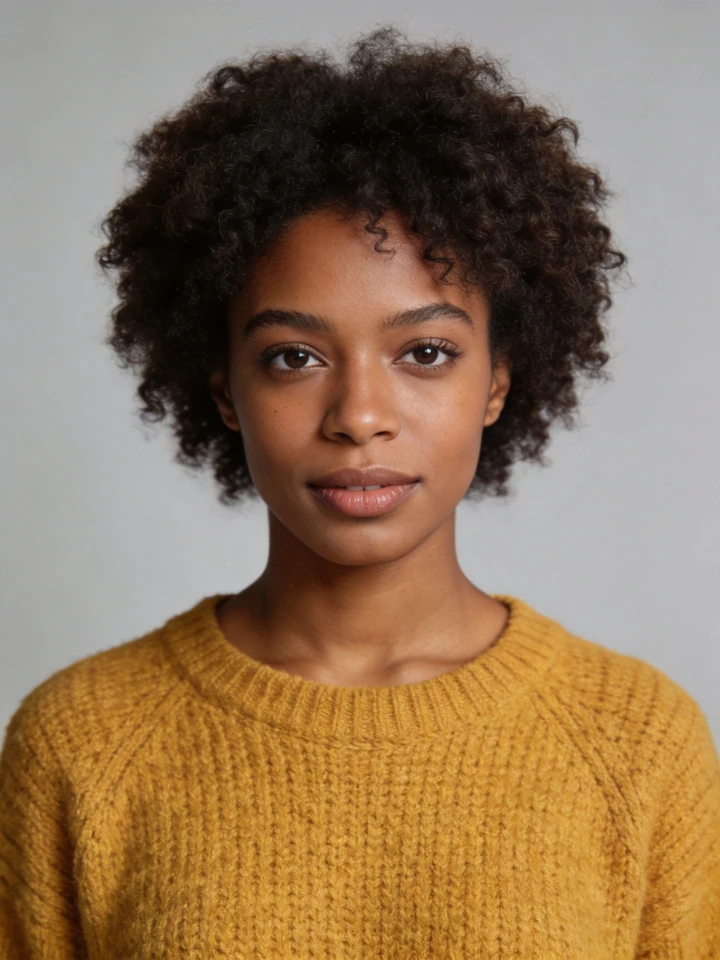 Input photo 1: a woman with curly hair in a mustard sweater
