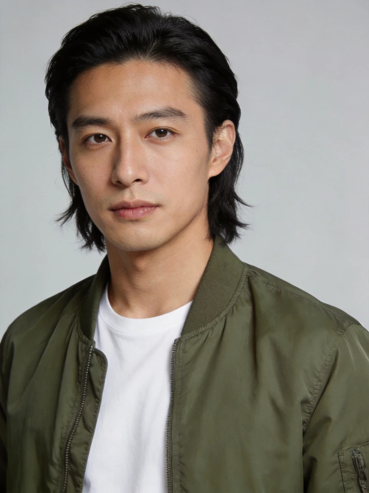 Input photo 2: a man with shoulder-length dark hair in an olive jacket
