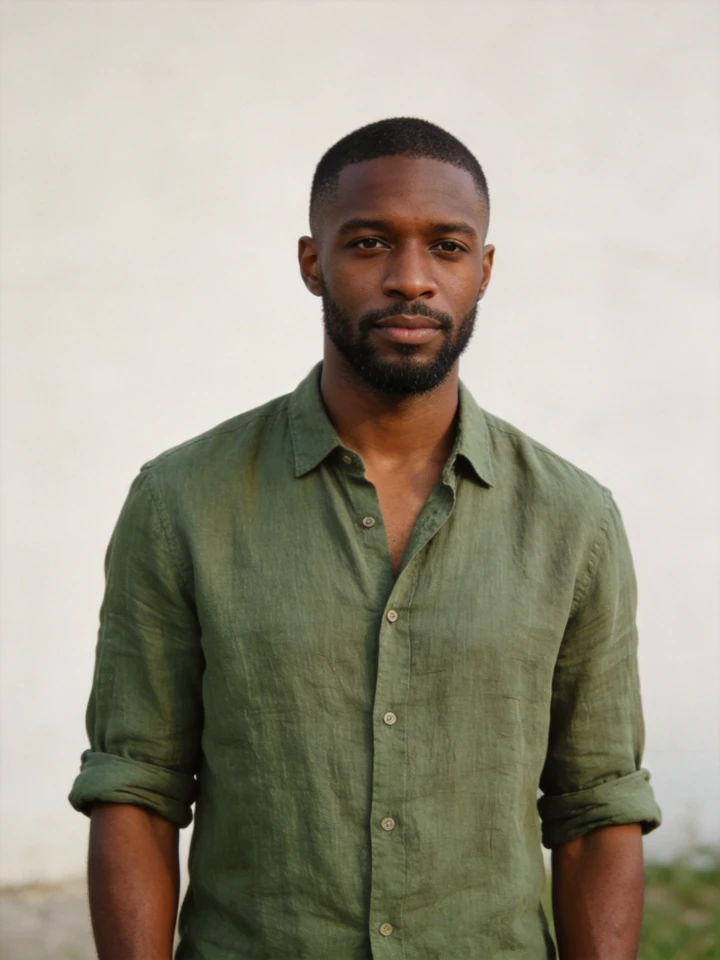 Input photo 1: a man with short hair and a beard in a sage green linen shirt