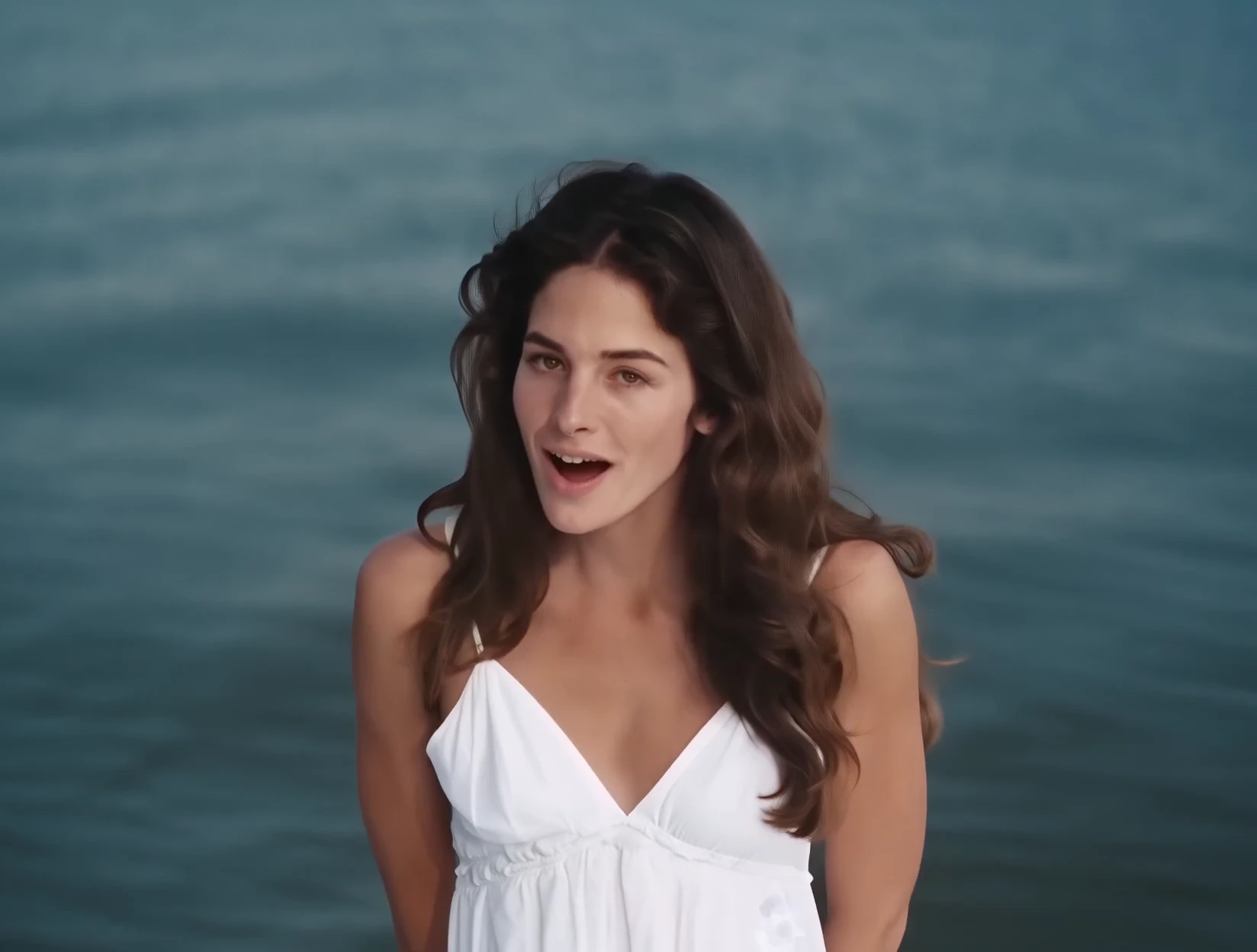 A woman with long dark wavy hair in a white dress sings by the sea