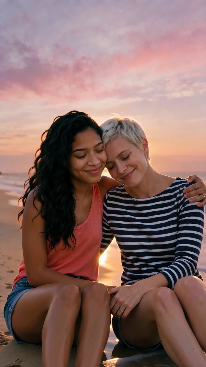 Two friends sit on the beach at sunset, laughing