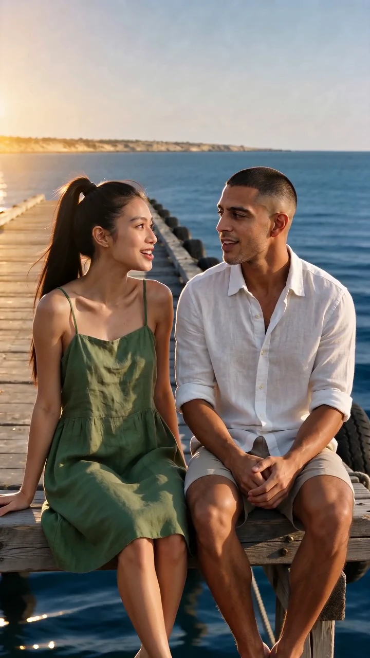 A couple sits on the edge of a pier at golden hour, singing