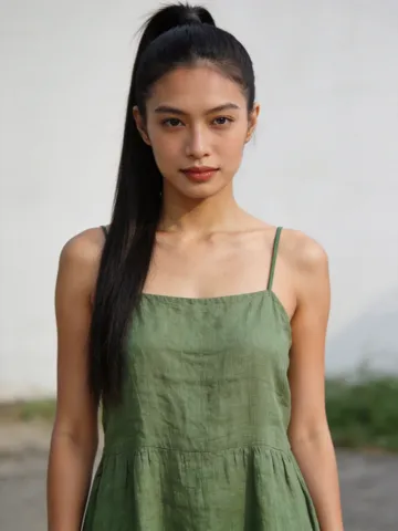 Input photo: a woman with a high black ponytail in a green sundress
